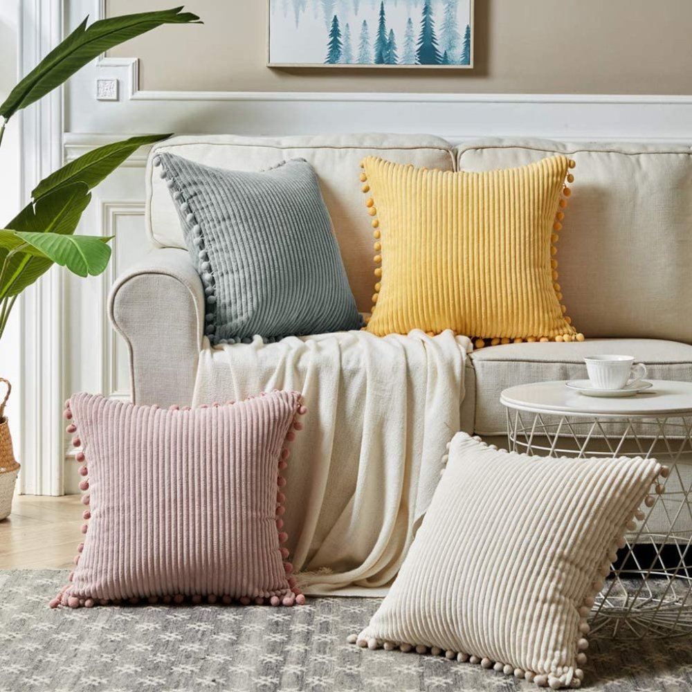 Coral Pink Corduroy Luxury Velvet Pompom Bed/Sofa Throw Pillow Cover/Case Set - Picture 7 of 8